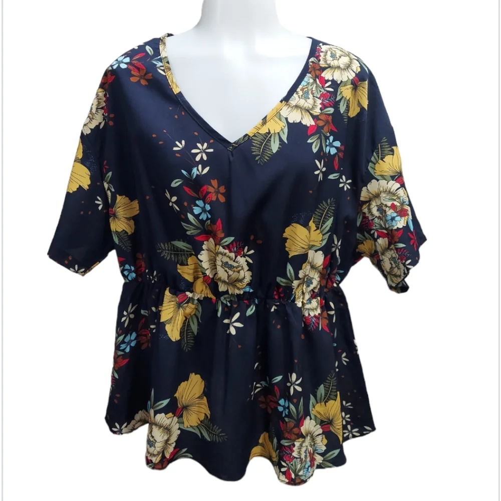 Elastic Waist Floral Print V Neck Blouse - Picture 8 of 11